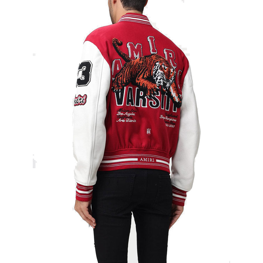 AMIRI Appliquéd Embroidered Wool-Blend Twill and Leather Varsity Jacket