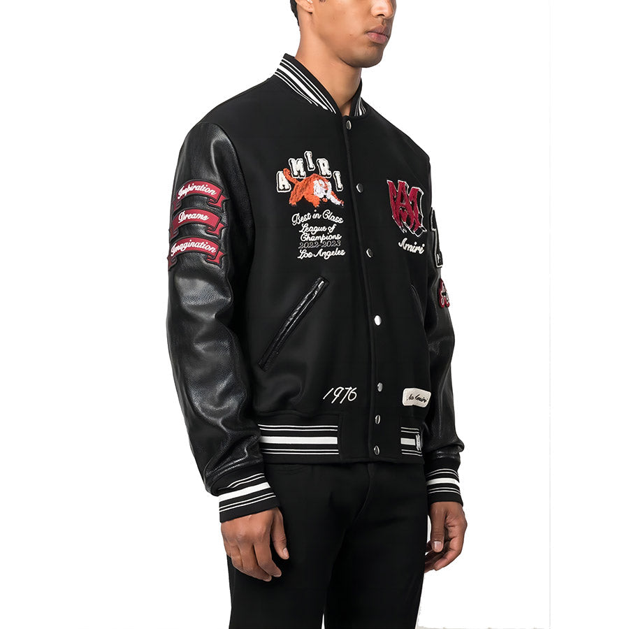 AMIRI Appliquéd Embroidered Wool-Blend Twill and Leather Varsity Jacket